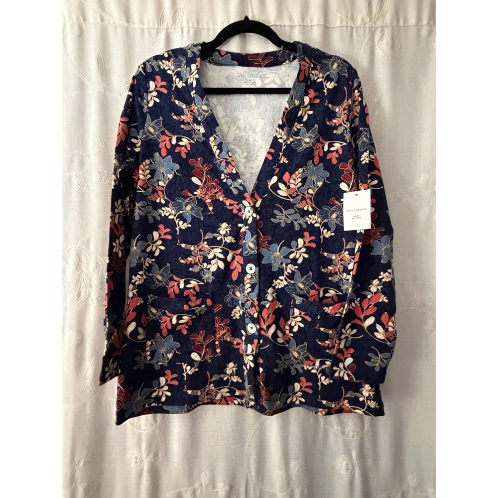 Appleseed's Navy Floral Button Front Cardigan Top Pockets A44368 Medium